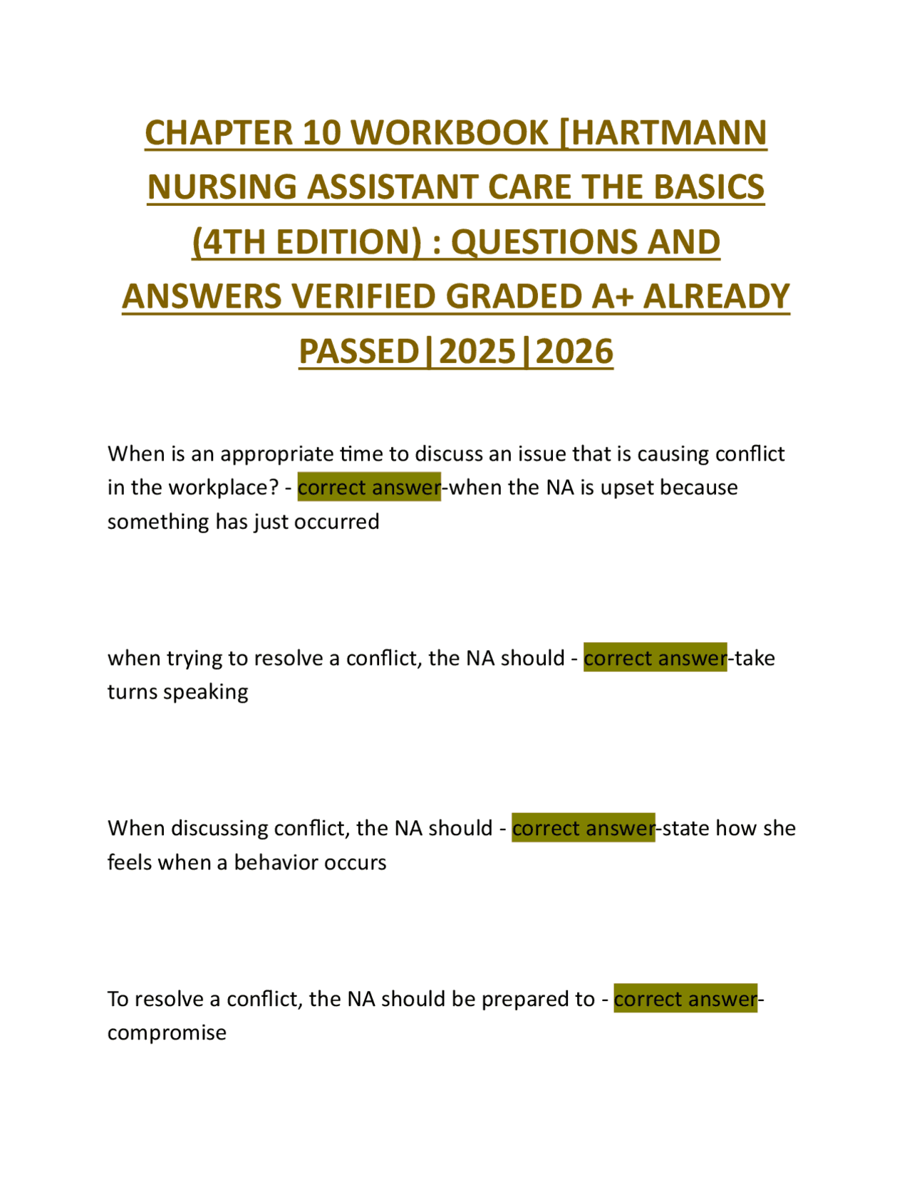 CHAPTER 10 WORKBOOK [HARTMANN NURSING ASSISTANT CARE THE BASICS (4TH ...