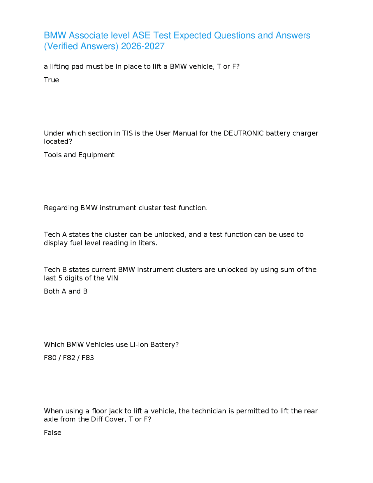 BMW Associate level ASE Test Expected Questions and Answers (Verified ...