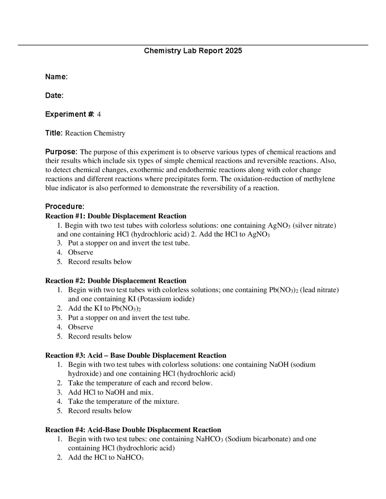 Portage Learning Chem 121 Lab Report 4 - Reaction Chemistry Example ...