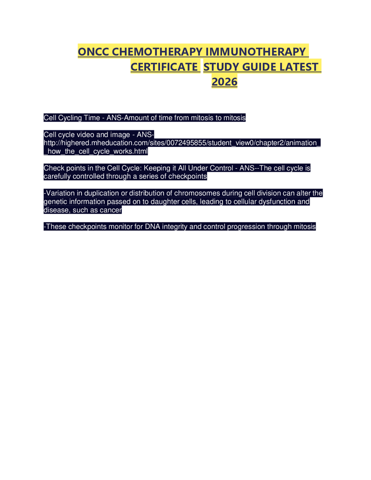 ONCC CHEMOTHERAPY IMMUNOTHERAPY CERTIFICATE STUDY GUIDE LATEST 2026 ...
