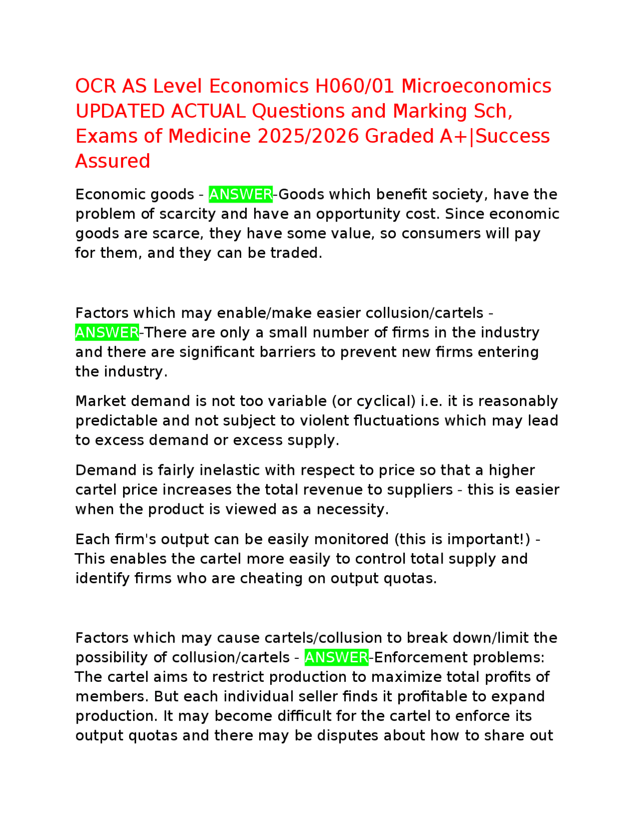 OCR AS Level Economics H060/01 Microeconomics UPDATED ACTUAL Questions ...