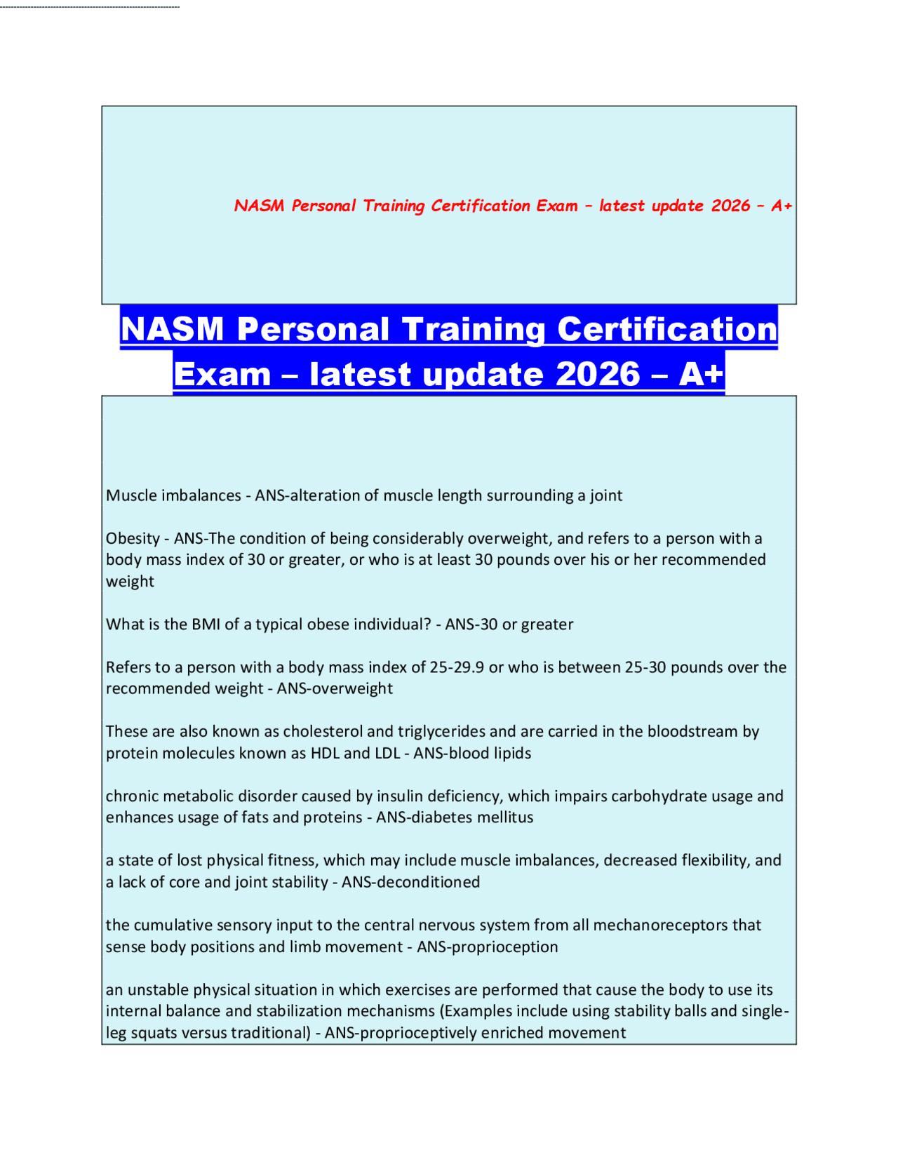 NASM Personal Training Certification Exam – latest update 2026 – A+.pdf ...