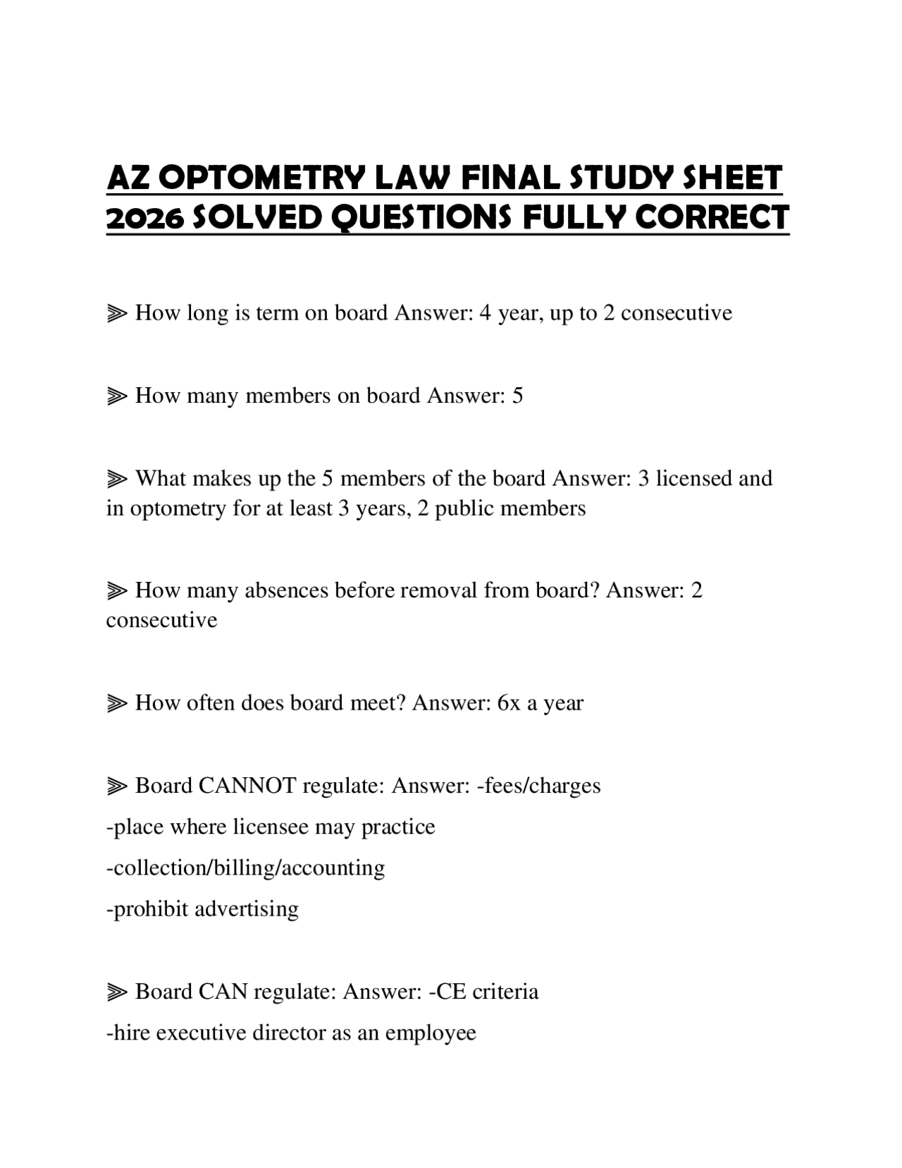 Optometry Related Questions AZ OPTOMETRY LAW FINAL STUDY SHEET 2026 SOLVED QUESTIONS FULLY CORRECT ...