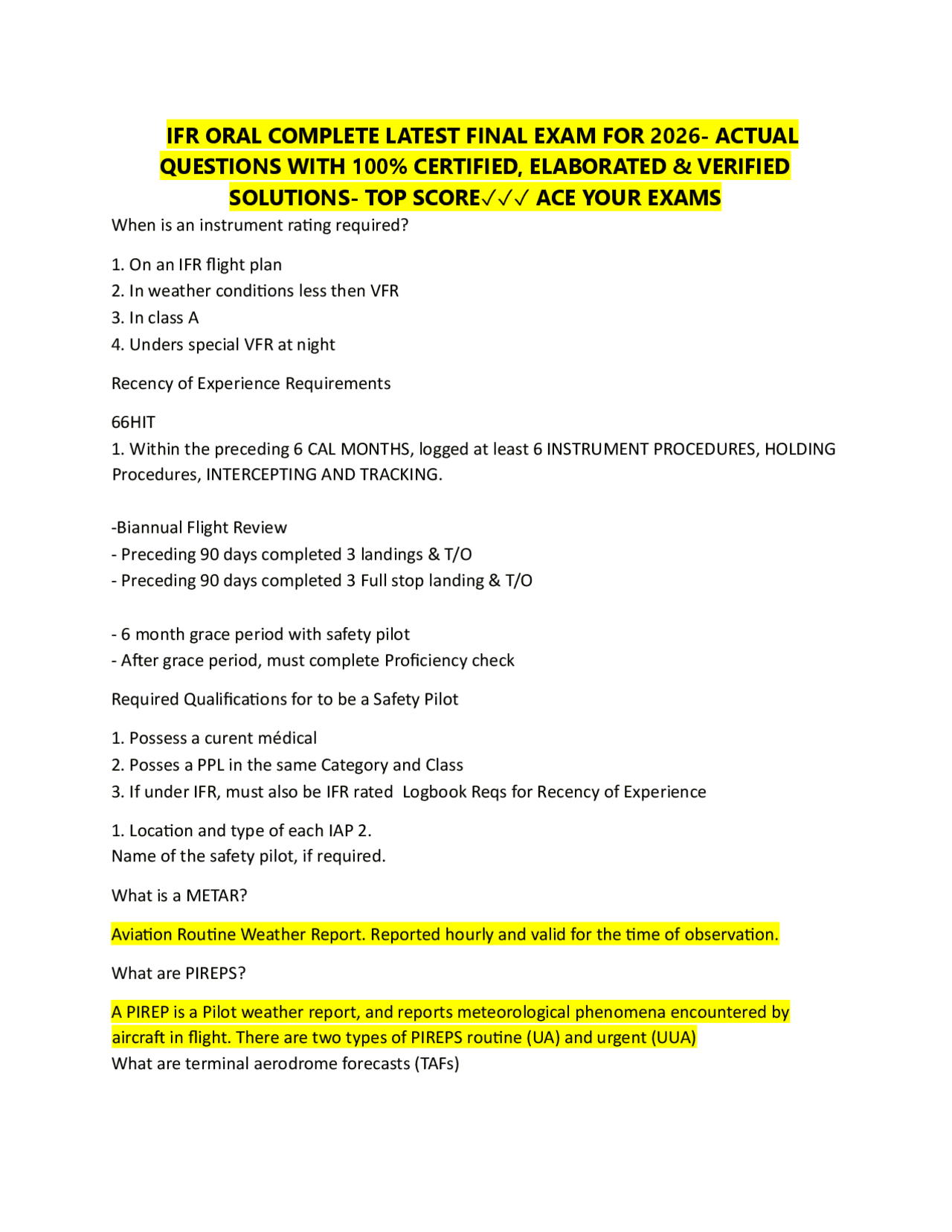 IFR ORAL COMPLETE LATEST FINAL EXAM FOR 2026- ACTUAL QUESTIONS WITH 100% CERTIFIED, ELABO ...