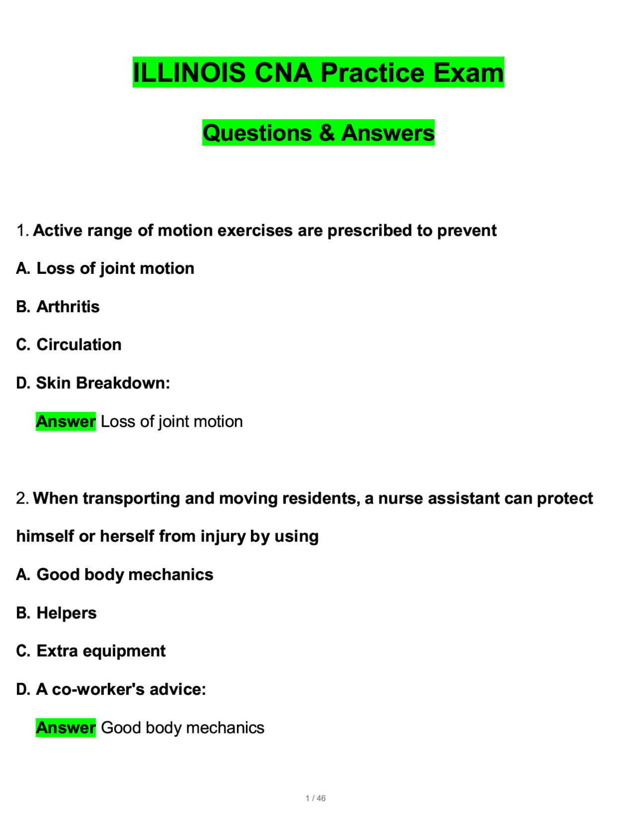 Illinois CNA Practice Exam 2026 | Questions with 100% Correct Answers ...