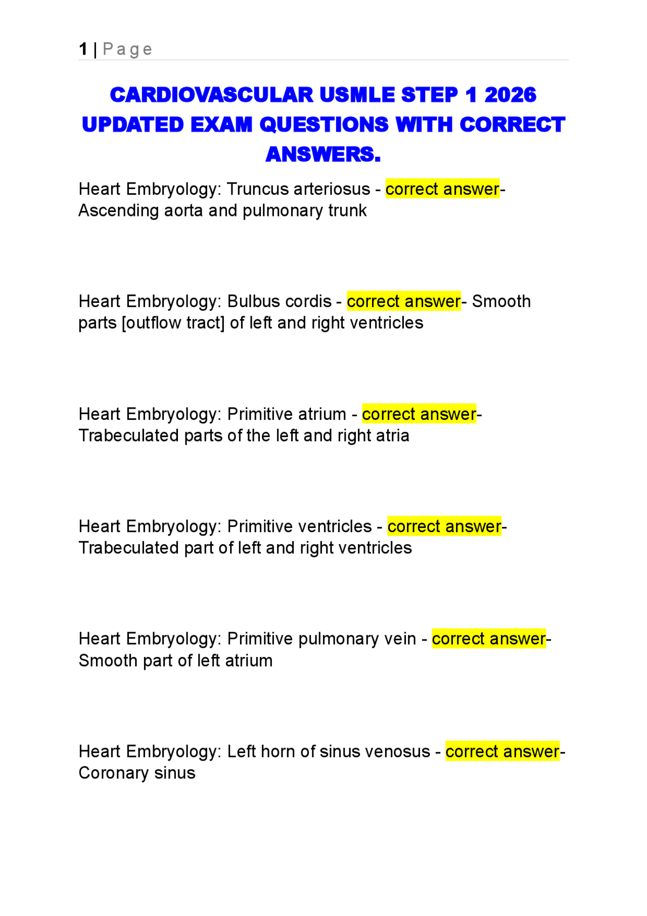 CARDIOVASCULAR USMLE STEP 1 2026 UPDATED EXAM QUESTIONS WITH CORRECT ...