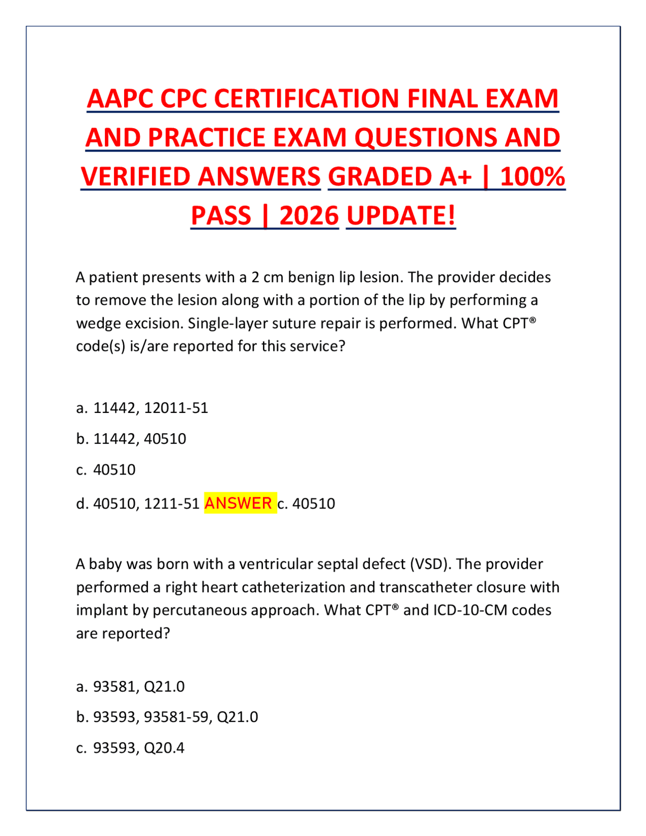 AAPC CPC Certification Final Exam 2026: Practice Questions & Verified ...