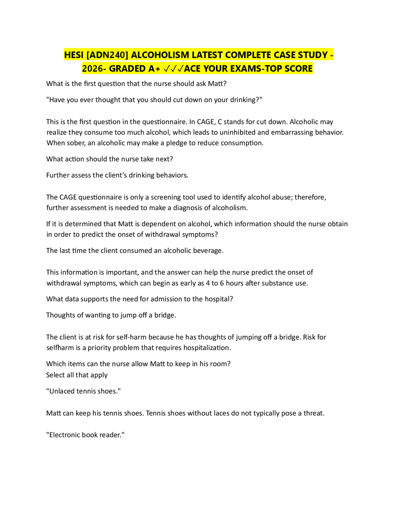 HESI [ADN240] ALCOHOLISM LATEST COMPLETE CASE STUDY - 2026- GRADED A+ ...