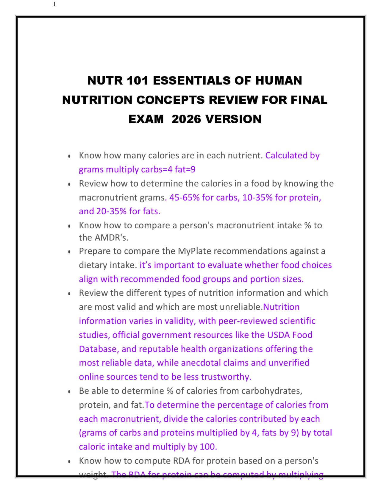 NUTR 101 ESSENTIALS OF HUMAN NUTRITION CONCEPTS REVIEW FOR FINAL EXAM ...