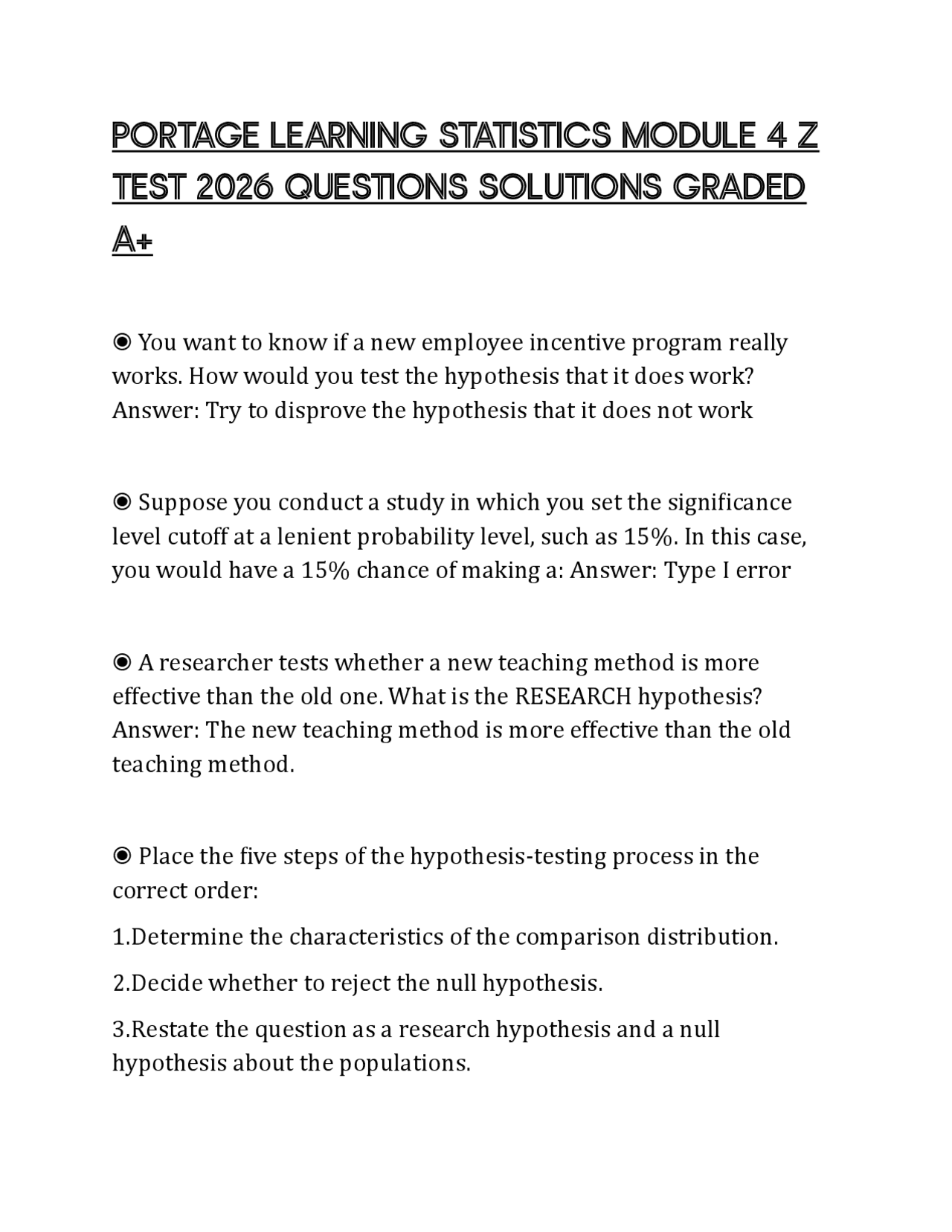 PORTAGE LEARNING STATISTICS MODULE 4 Z TEST 2026 QUESTIONS SOLUTIONS ...