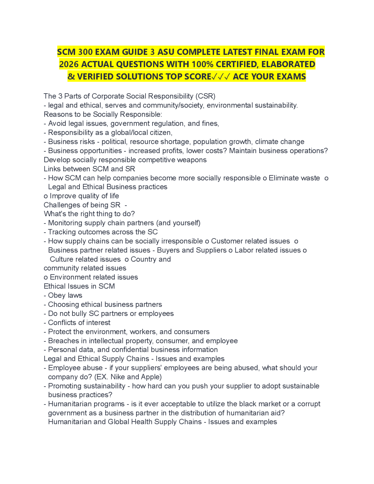 SCM 300 EXAM GUIDE 3 ASU COMPLETE LATEST FINAL EXAM FOR 2026 ACTUAL ...