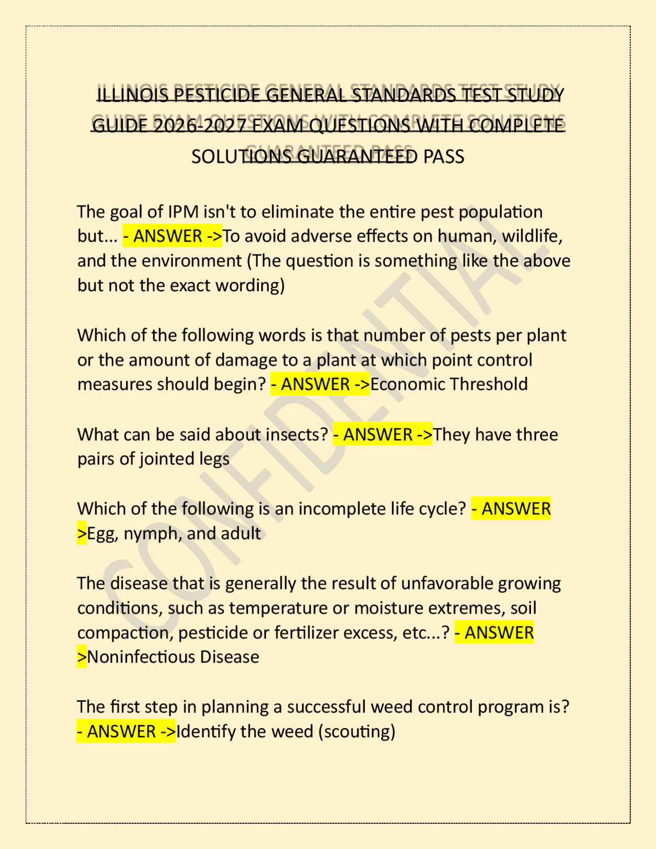 ILLINOIS PESTICIDE GENERAL STANDARDS TEST STUDY GUIDE 2026-2027 EXAM QUESTIONS WITH COMP | Exams ...