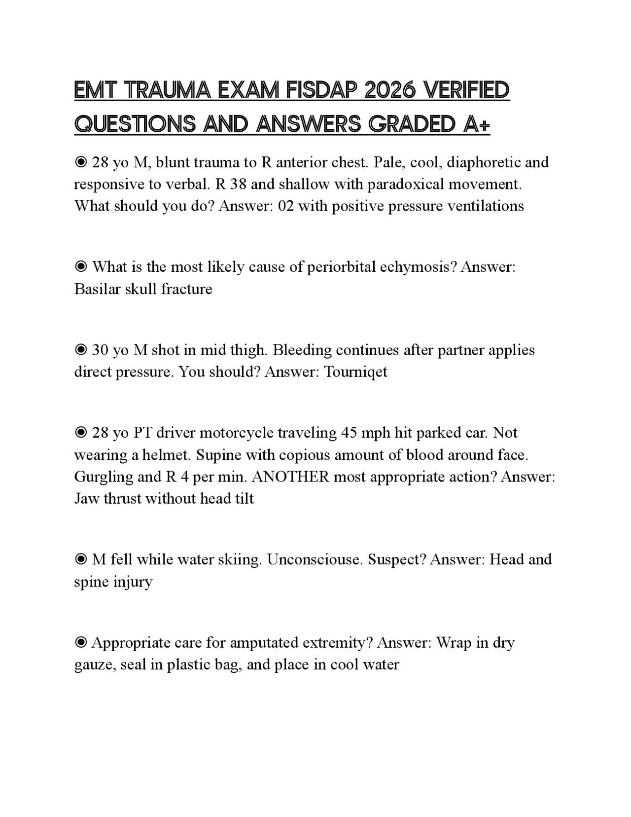 EMT TRAUMA EXAM FISDAP 2026 VERIFIED QUESTIONS AND ANSWERS GRADED A+ ...