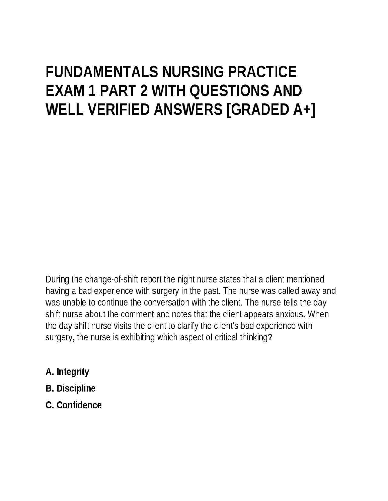 FUNDAMENTALS NURSING PRACTICE EXAM 1 PART 2 WITH QUESTIONS AND WELL ...