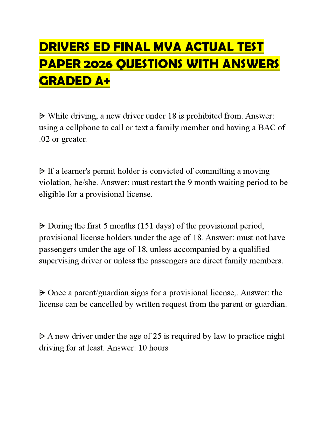 DRIVERS ED FINAL MVA ACTUAL TEST PAPER 2026 QUESTIONS WITH ANSWERS ...