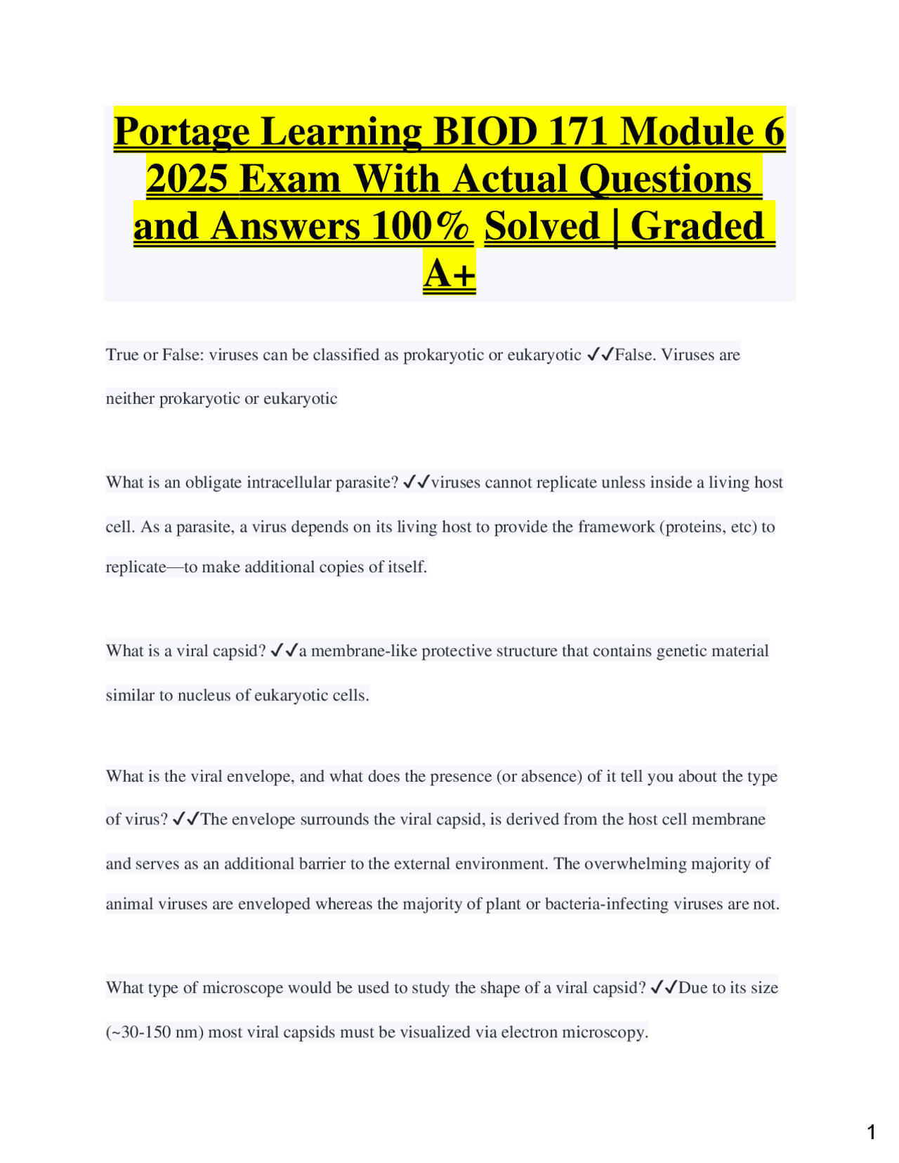 Portage Learning BIOD 171 Module 6 2025 Exam With Actual Questions and ...