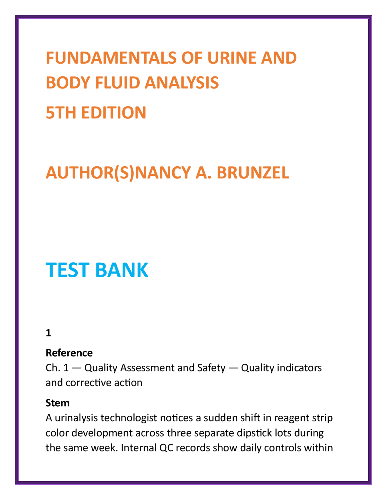Fundamentals of Urine & Body Fluid Analysis Test Bank | Brunzel 5th ...