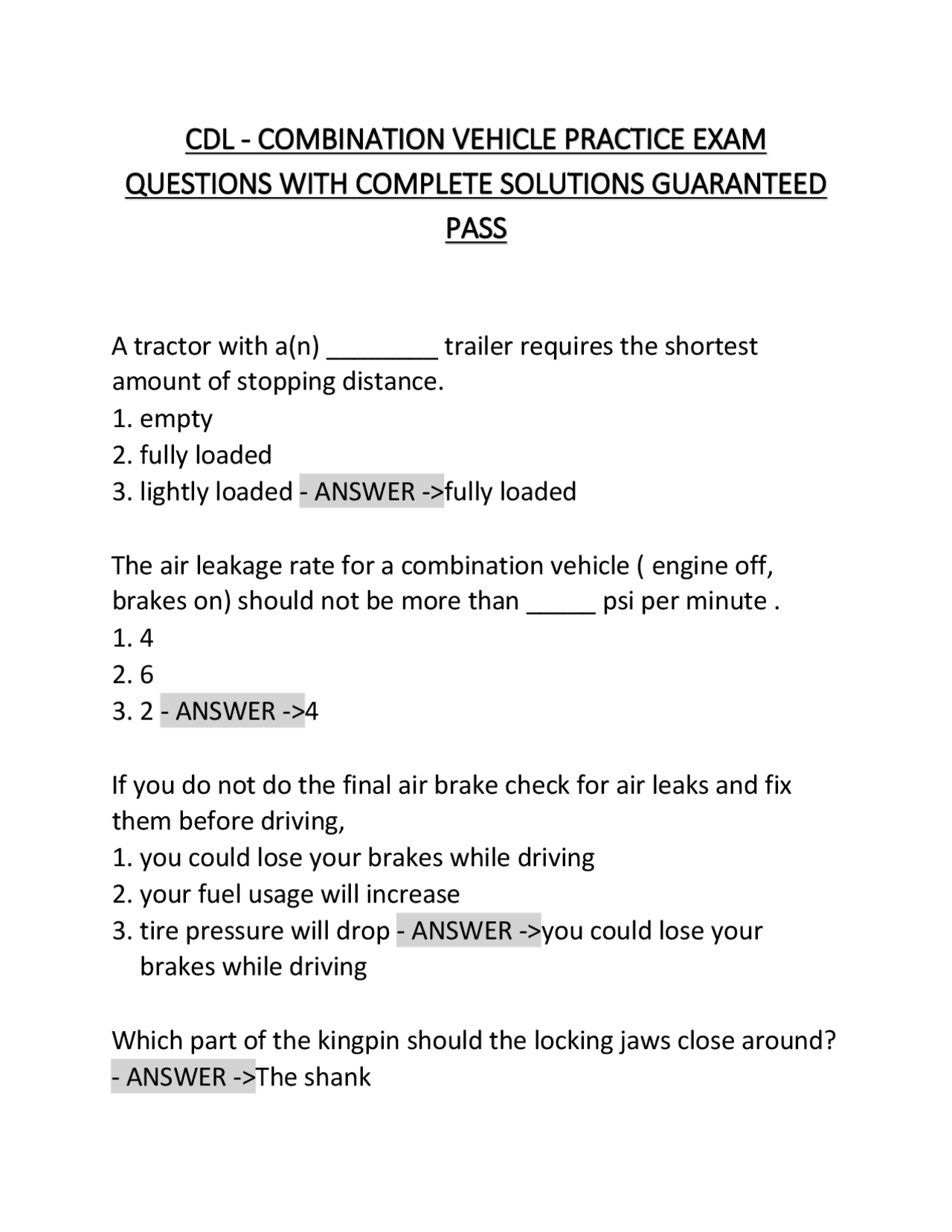 CDL - COMBINATION VEHICLE PRACTICE EXAM QUESTIONS WITH COMPLETE ...
