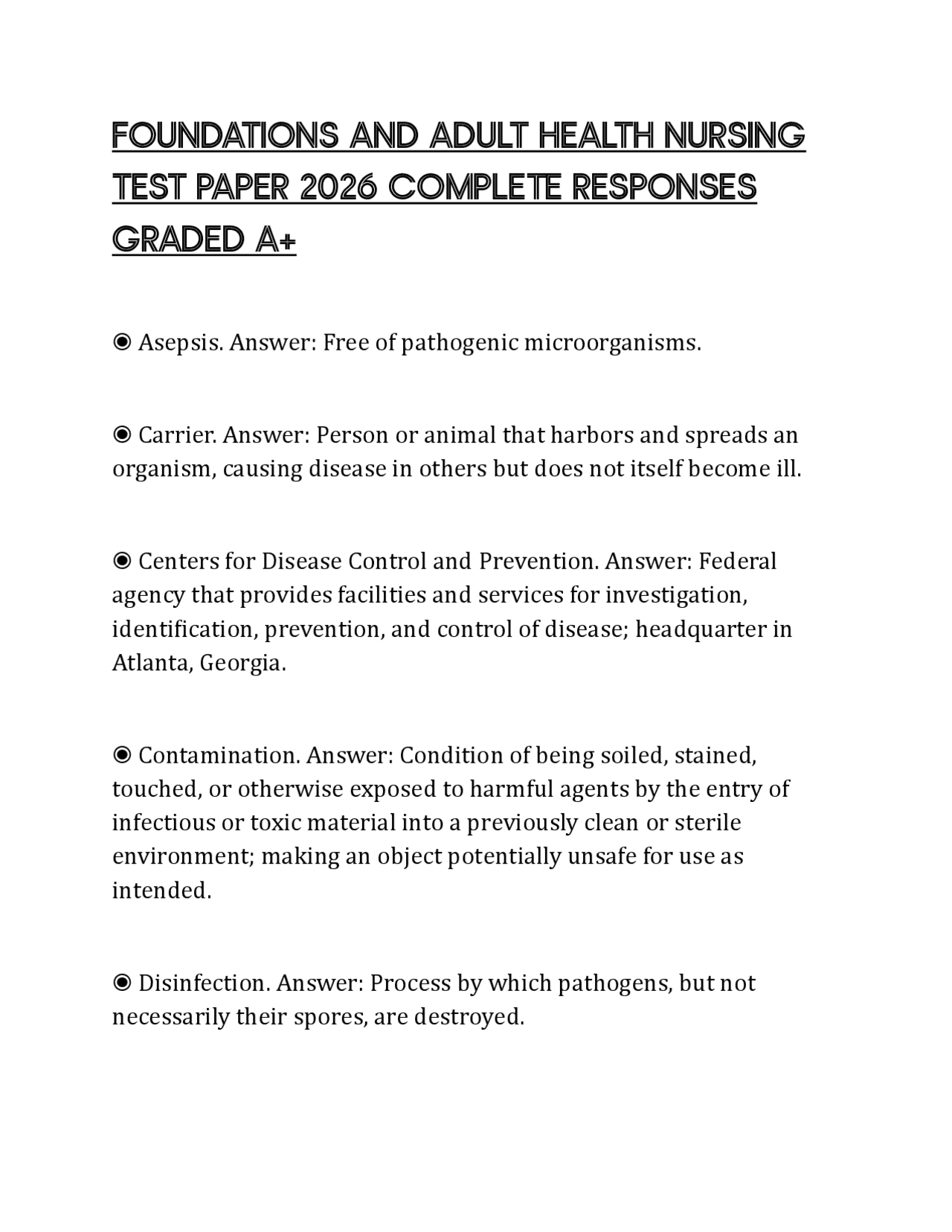FOUNDATIONS AND ADULT HEALTH NURSING TEST PAPER 2026 COMPLETE RESPONSES ...