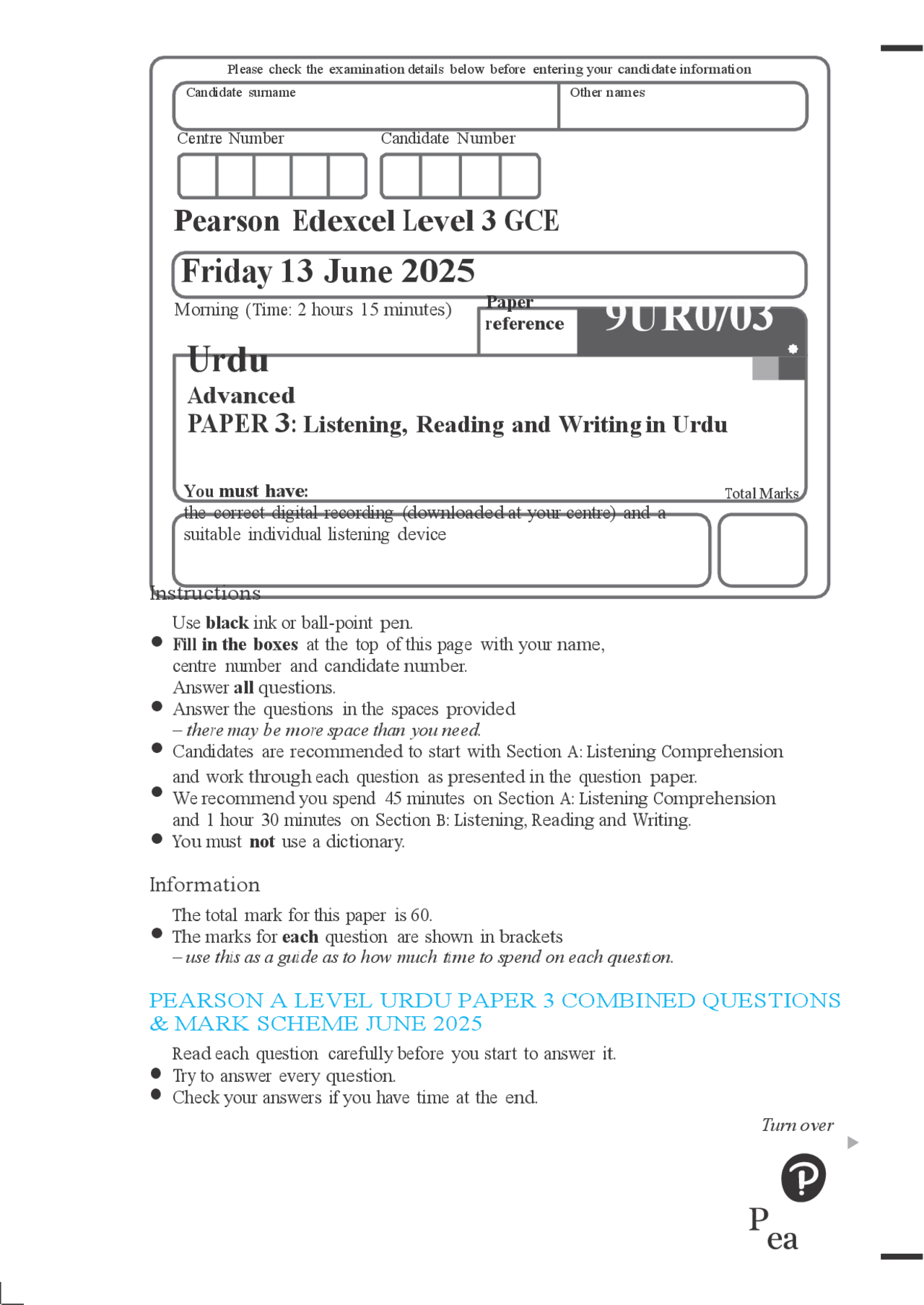 PEARSON A LEVEL URDU PAPER 3 COMBINED QUESTIONS & MARK SCHEME JUNE 2025 ...