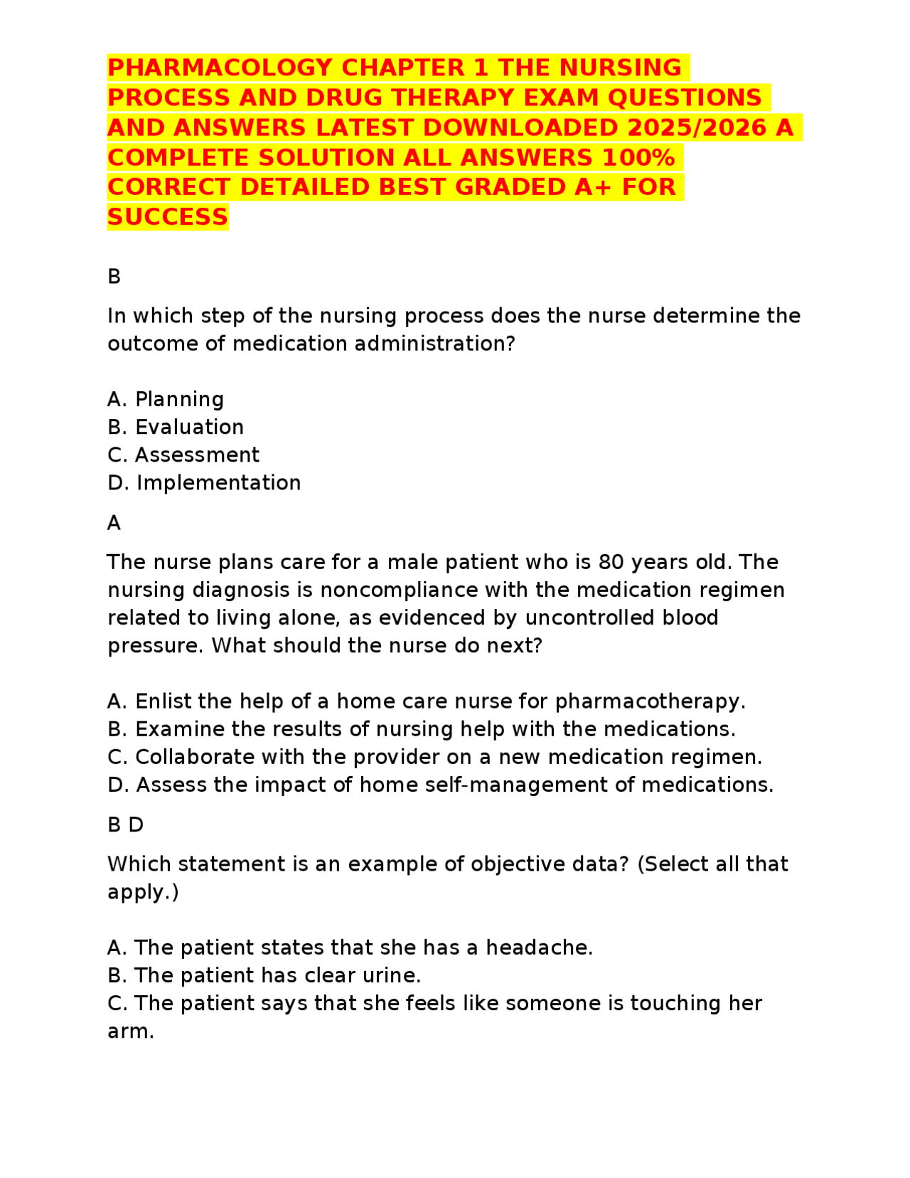 PHARMACOLOGY CHAPTER 1 THE NURSING PROCESS AND DRUG THERAPY EXAM ...