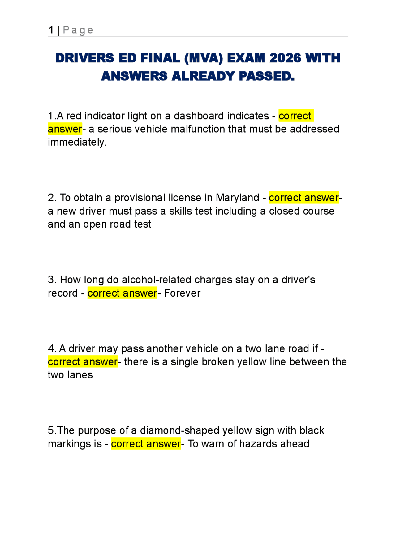 DRIVERS ED FINAL (MVA) EXAM 2026 WITH ANSWERS ALREADY PASSED. | Exams ...