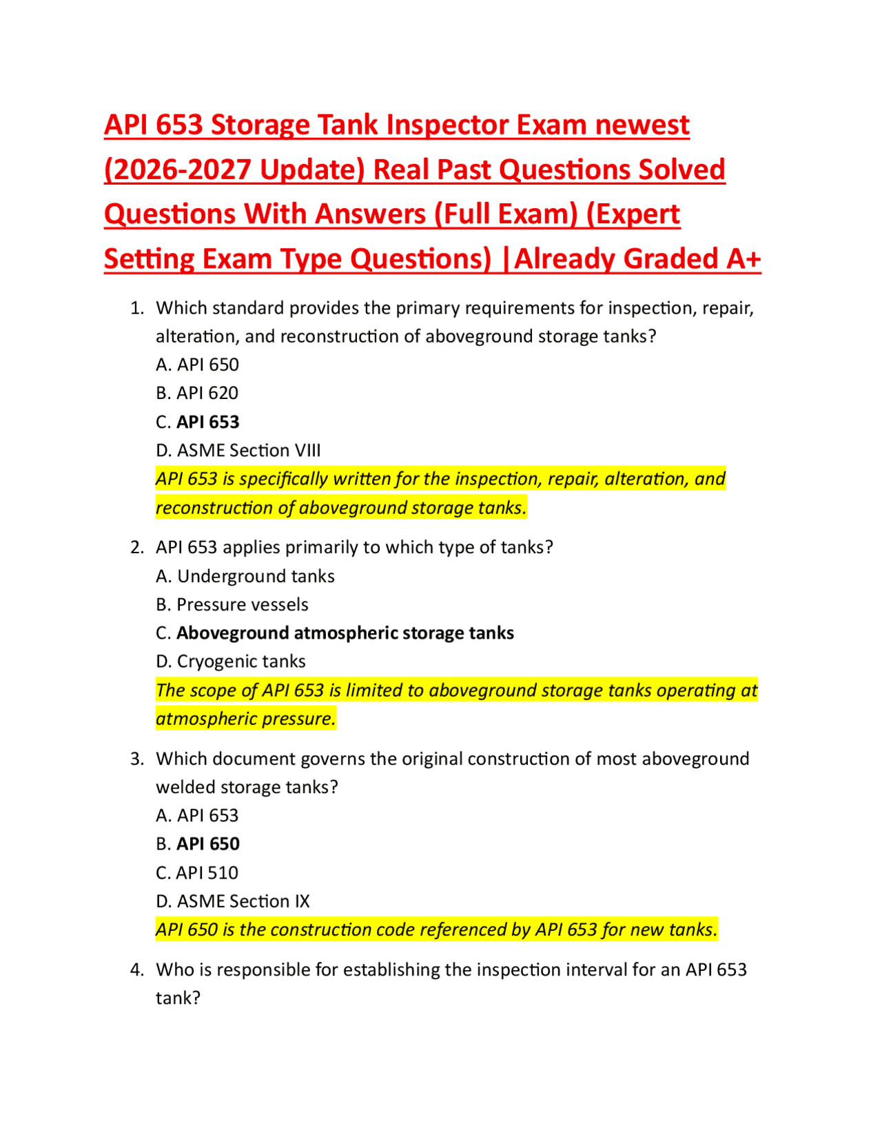 API 653 Storage Tank Inspector Exam newest (2026-2027 Update) Real Past ...
