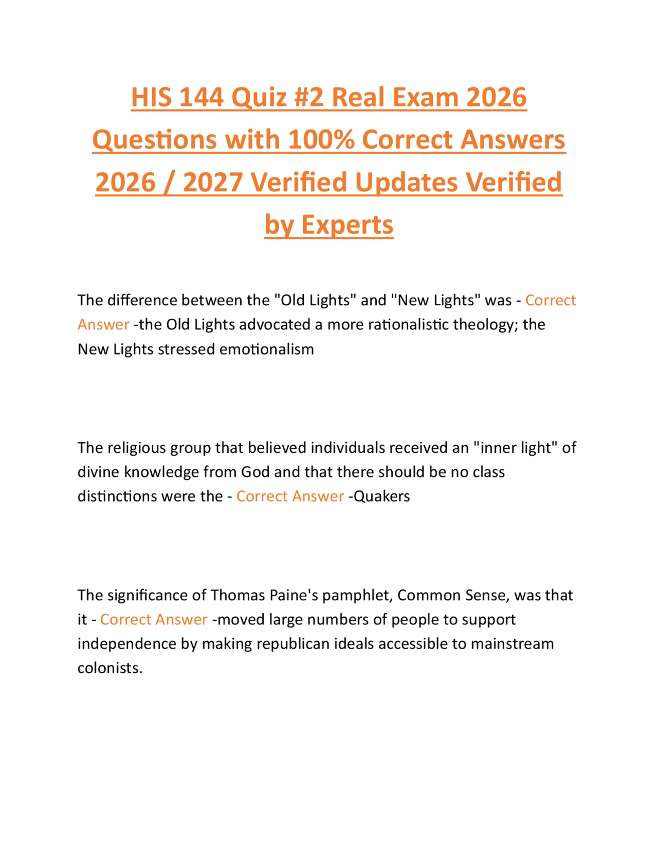 HIS 144 Quiz #2 Real Exam 2026 Questions with 100% Correct Answers 2026 ...