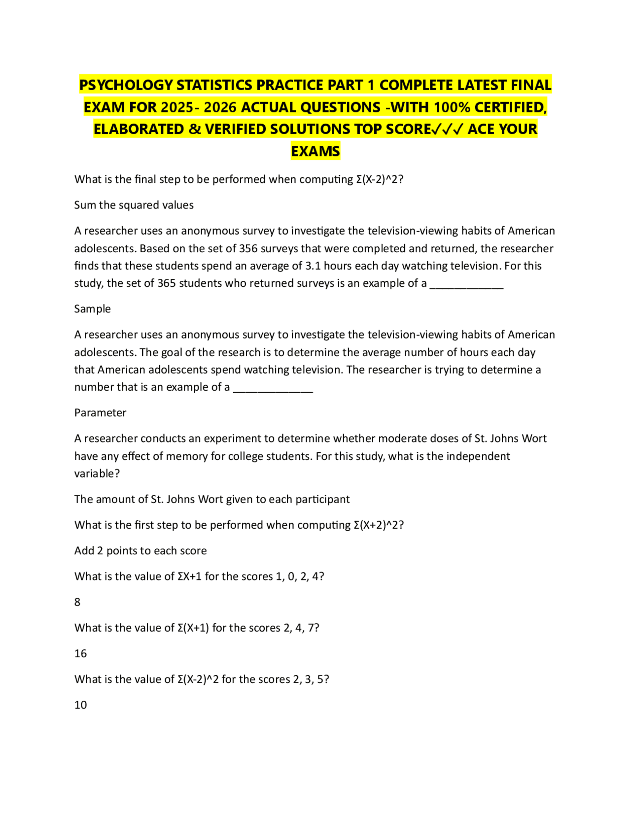 PSYCHOLOGY STATISTICS PRACTICE PART 1 COMPLETE LATEST FINAL EXAM FOR ...