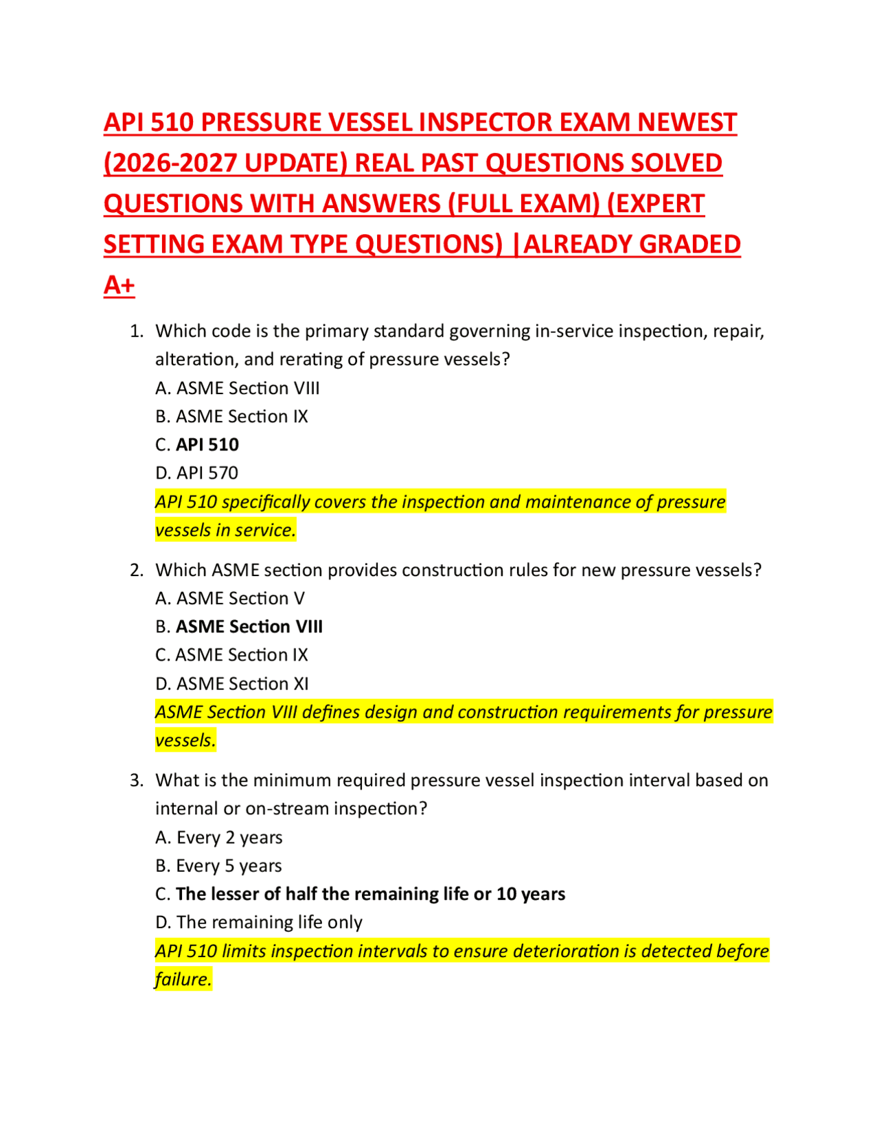 Api 510 Inspector API 510 PRESSURE VESSEL INSPECTOR EXAM NEWEST (2026-2027 UPDATE) REAL ...