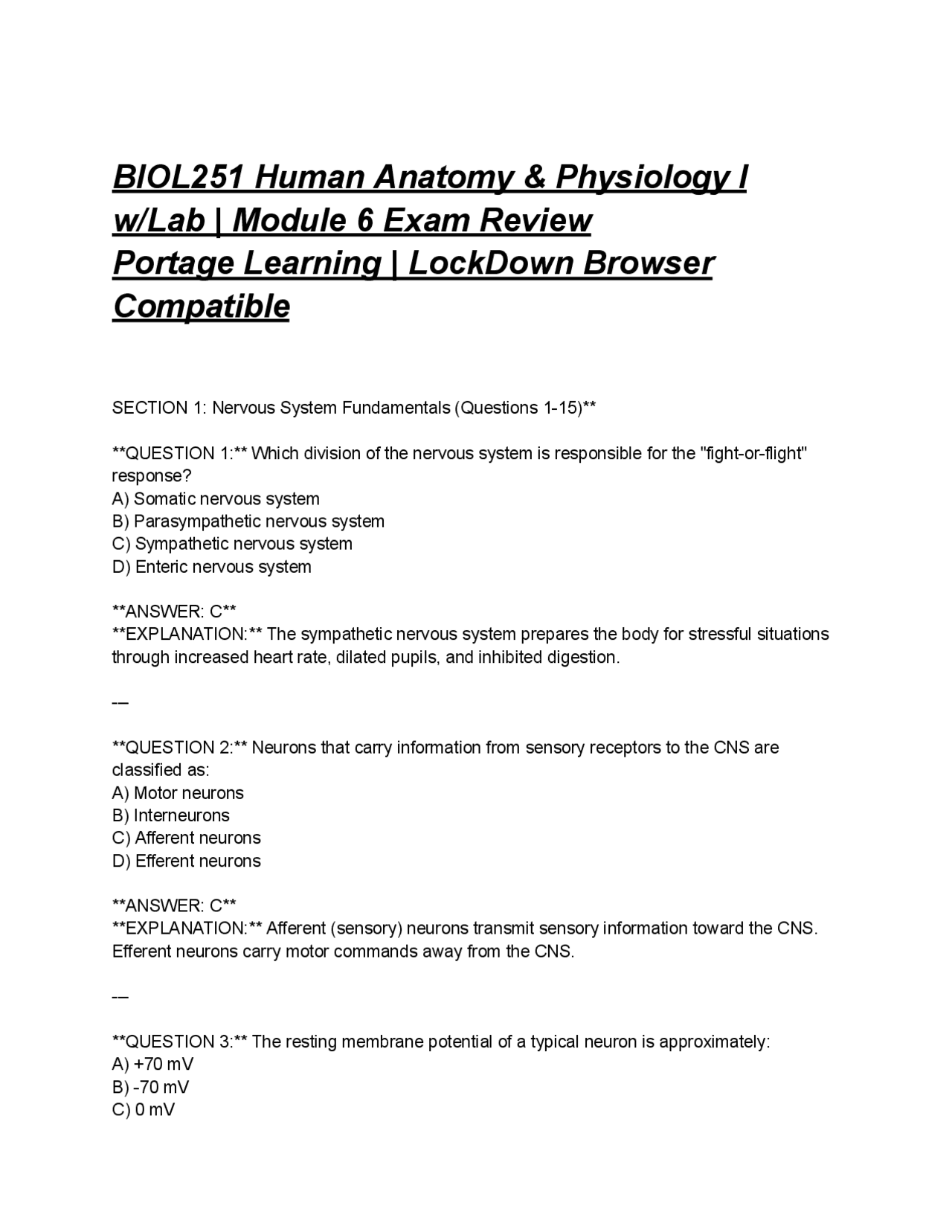 BIOL251 Human Anatomy & Physiology I w/Lab | Module 6 Exam Review ...