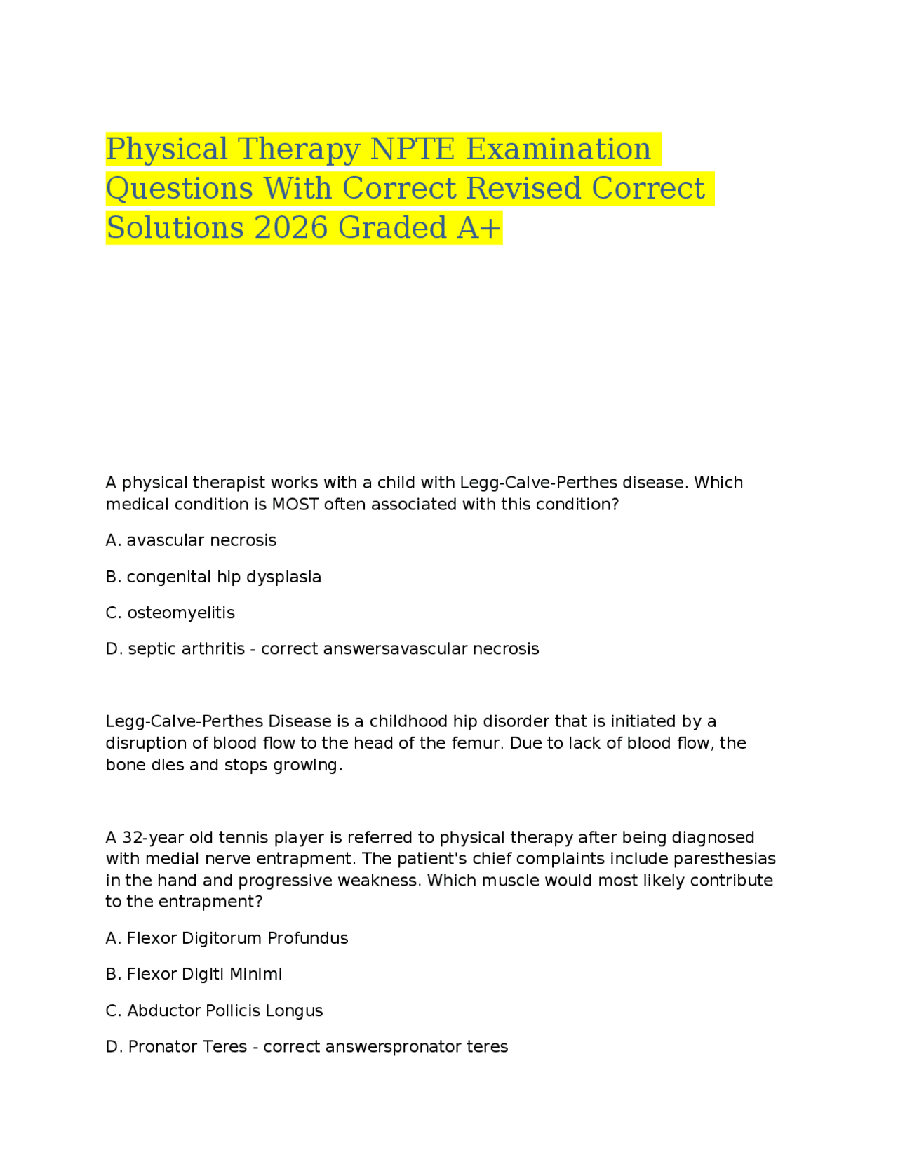 Npte Physical Therapy NPTE Examination Questions With Correct Revised ...