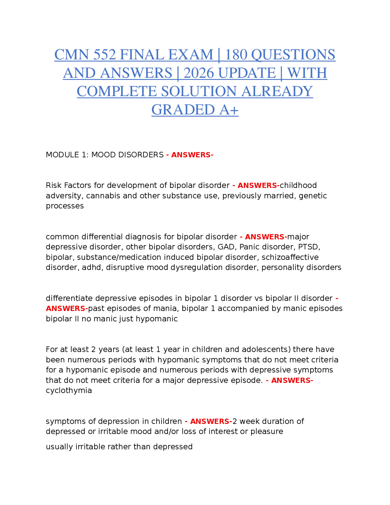 CMN 552 FINAL EXAM | 180 QUESTIONS AND ANSWERS | 2026 UPDATE | COMPLETE ...