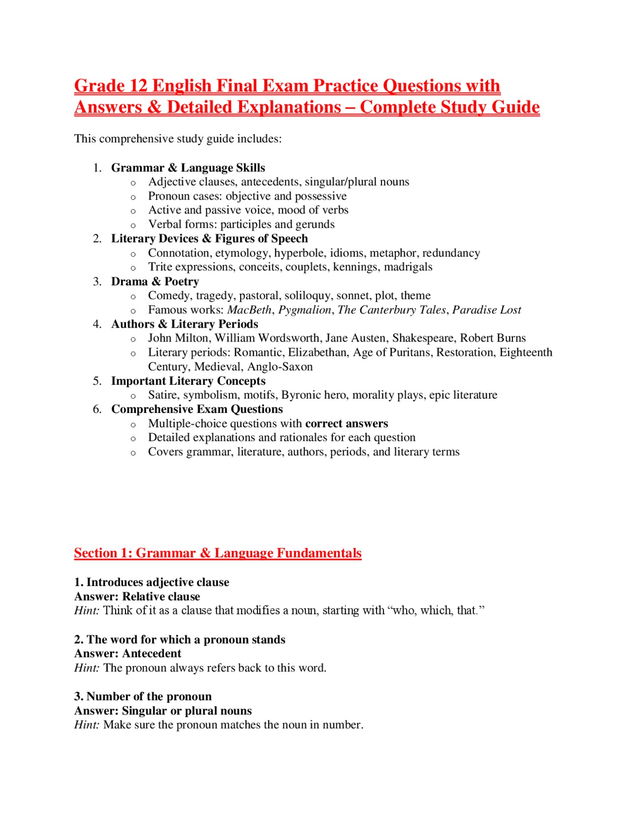 Grade 12 English Exam Practice Questions with Answers & Explanations ...
