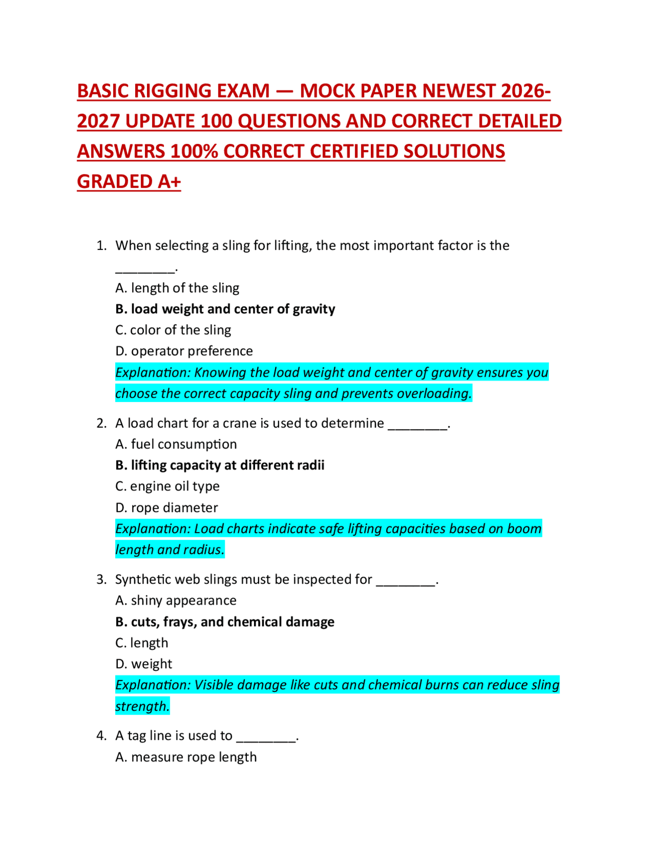 BASIC RIGGING EXAM — MOCK PAPER NEWEST 2026 2027 UPDATE 100 QUESTIONS ...
