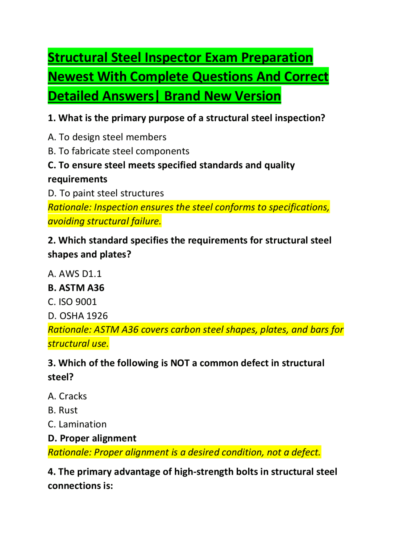 Structural Steel Inspector Exam Preparation Newest With Complete ...