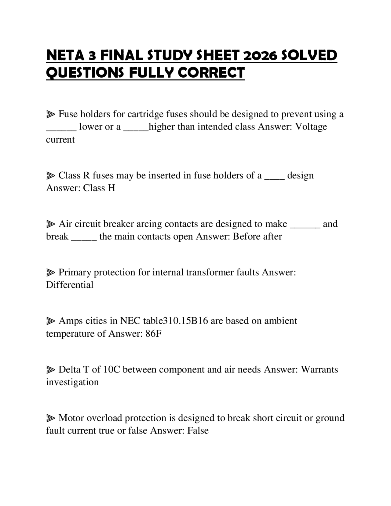 NETA 3 FINAL STUDY SHEET 2026 SOLVED QUESTIONS FULLY CORRECT | Exams ...