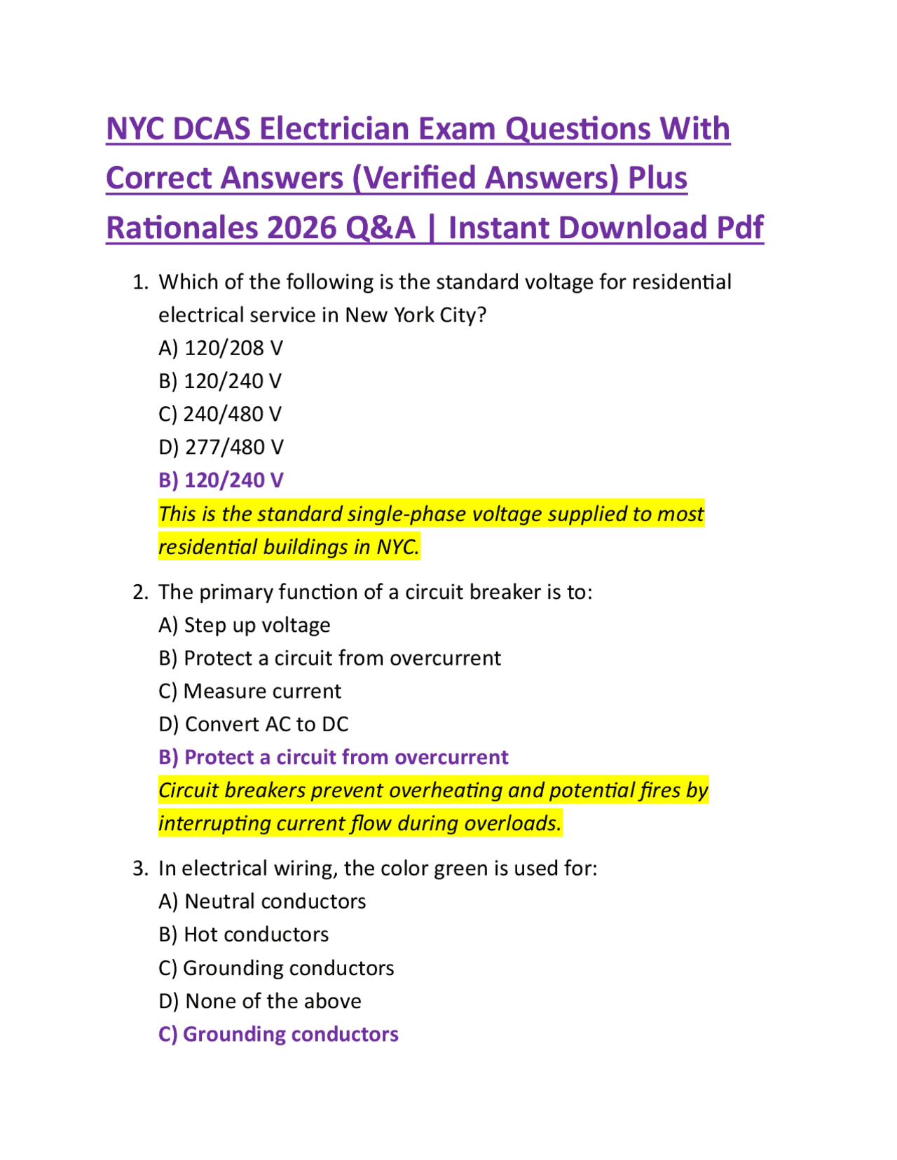 NYC DCAS Electrician Exam Questions With Correct Answers (Verified ...