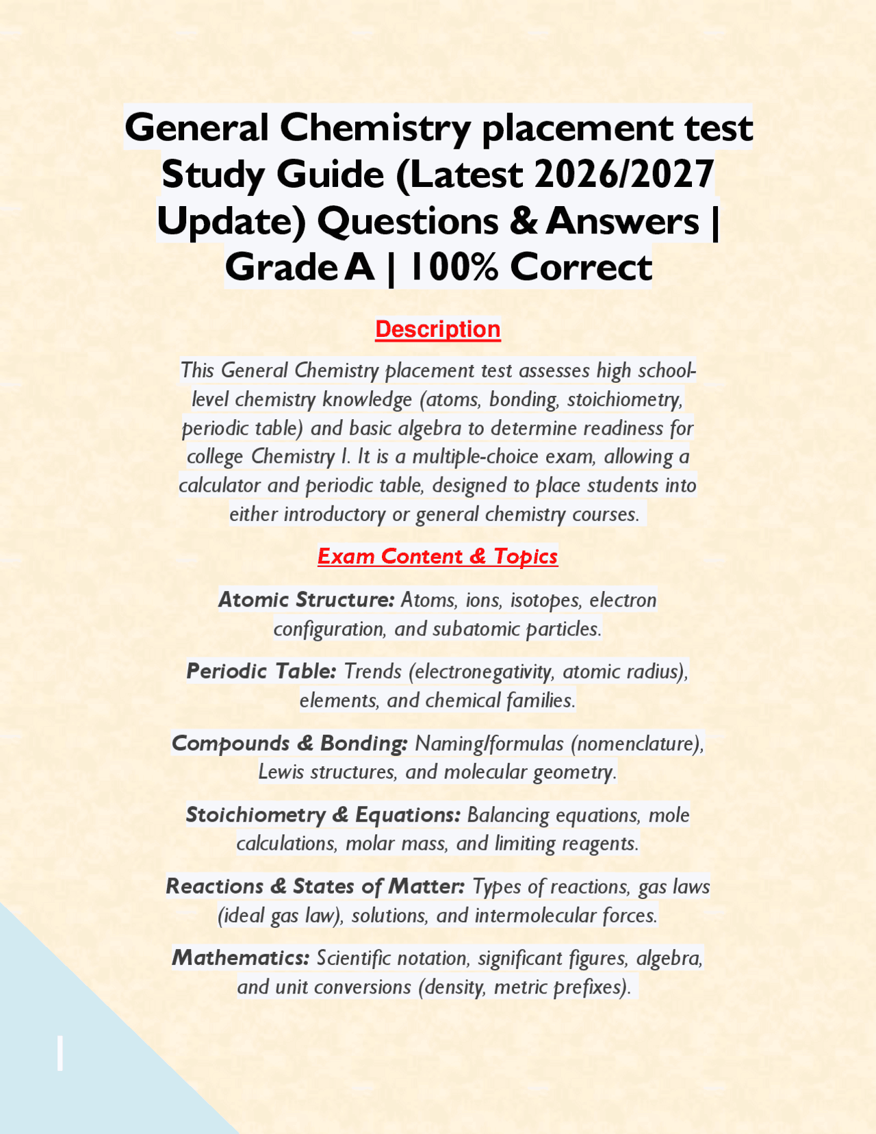 General Chemistry placement test Study Guide (Latest 2026/2027 Update