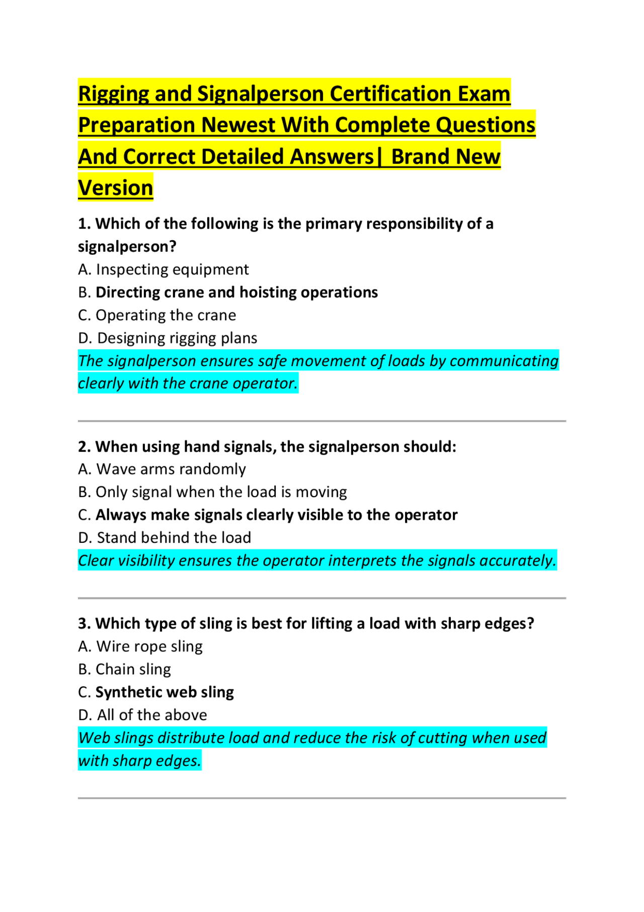 Rigging and Signalperson Certification Exam Preparation Newest With ...