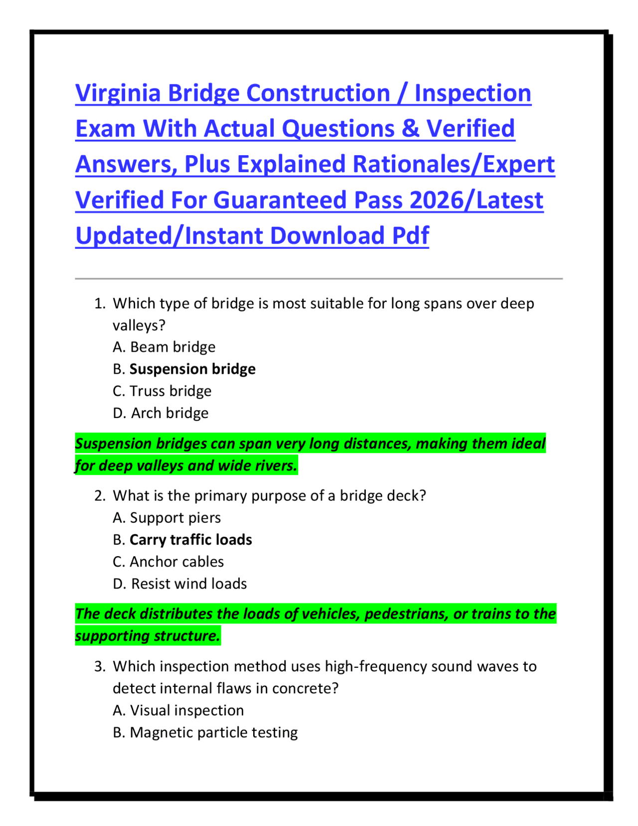Bridge Example Question Exam Virginia Bridge Construction / Inspection Exam With Actual Questions ...