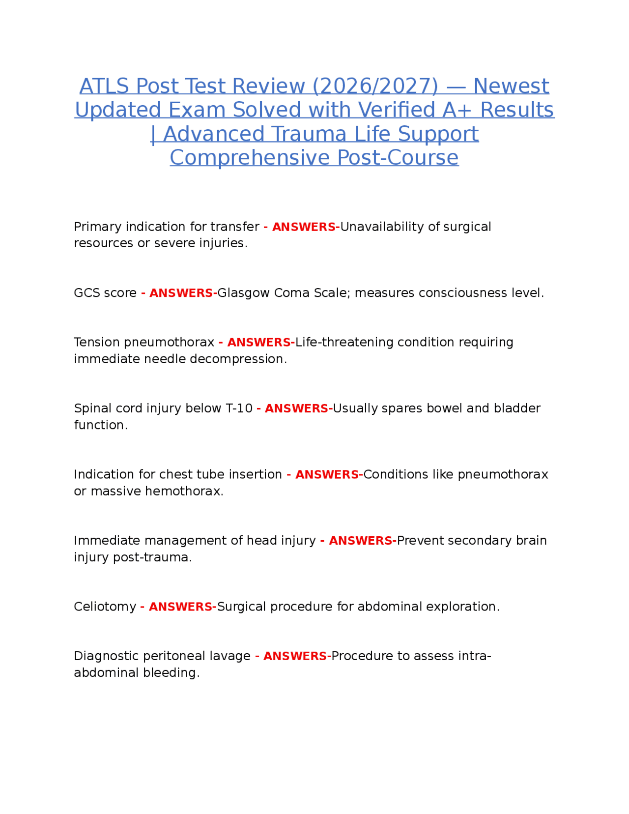 ATLS POST TEST REVIEW (2026/2027) – NEWEST UPDATED EXAM SOLVED WITH ...