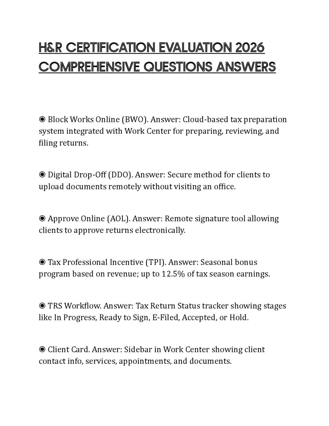 Hrr Answer Key H&R CERTIFICATION EVALUATION 2026 COMPREHENSIVE QUESTIONS ANSWERS ...