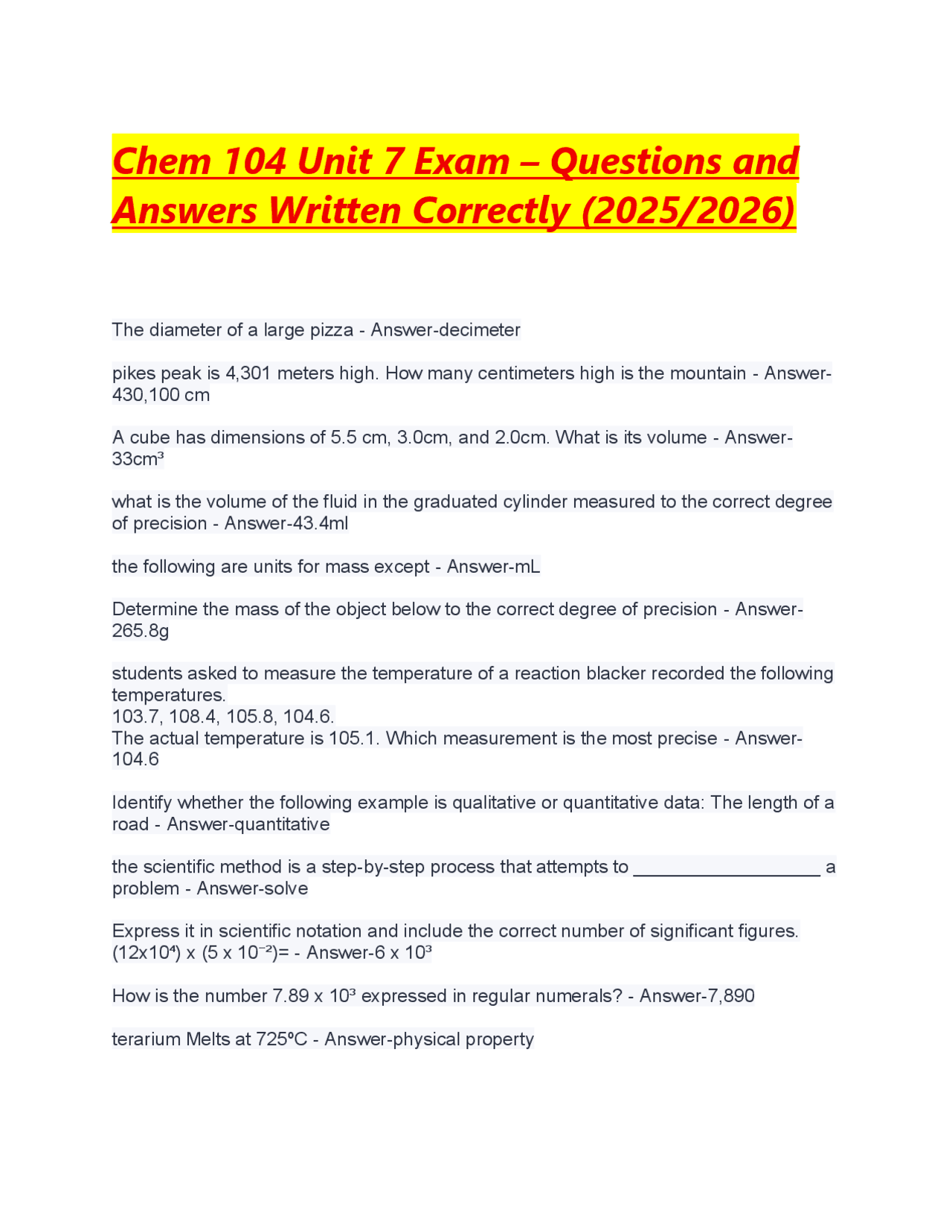 Chem 104 Unit 7 Exam – Questions and Answers Written Correctly (2025/ ...