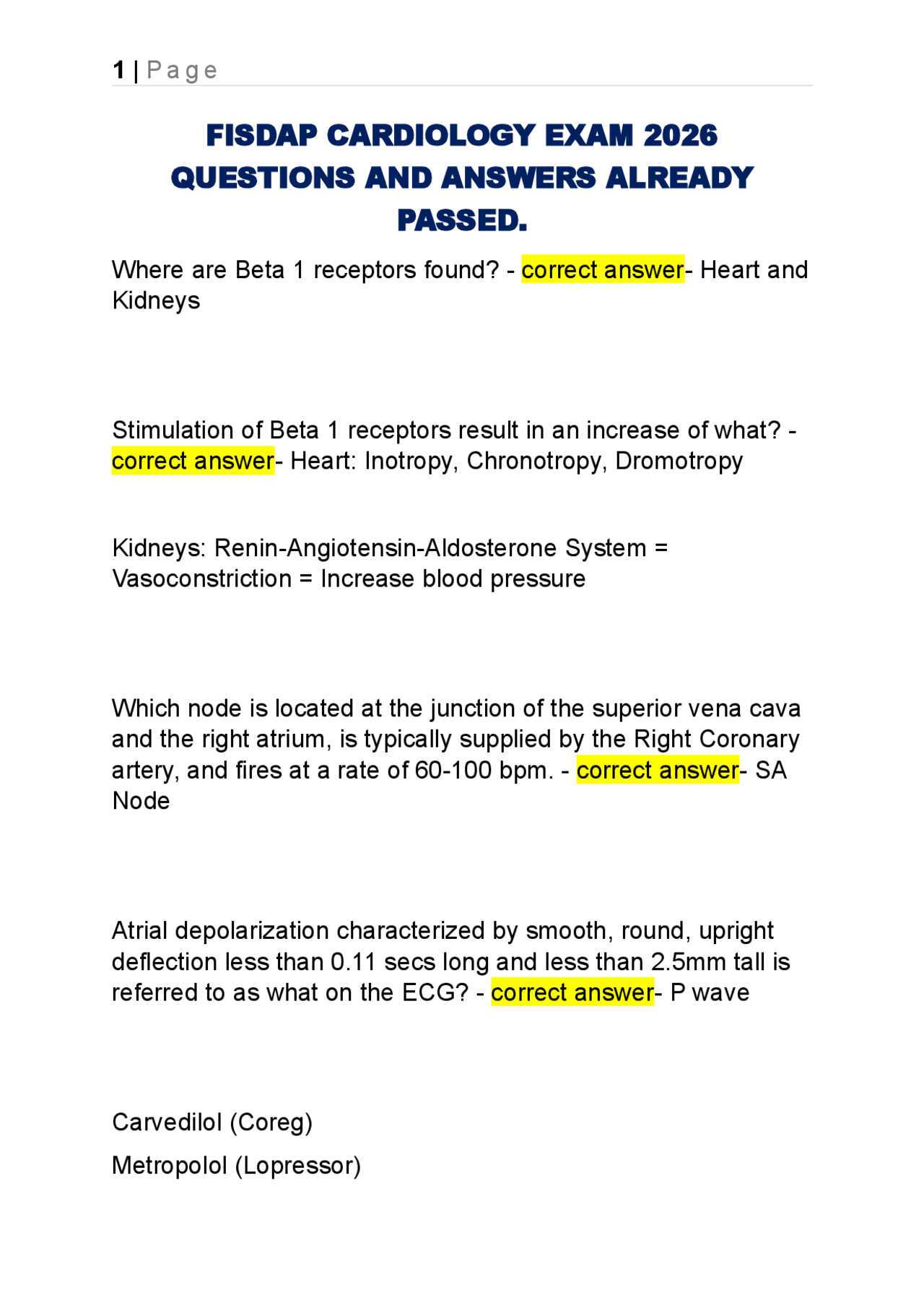 FISDAP CARDIOLOGY EXAM 2026 QUESTIONS AND ANSWERS ALREADY PASSED ...