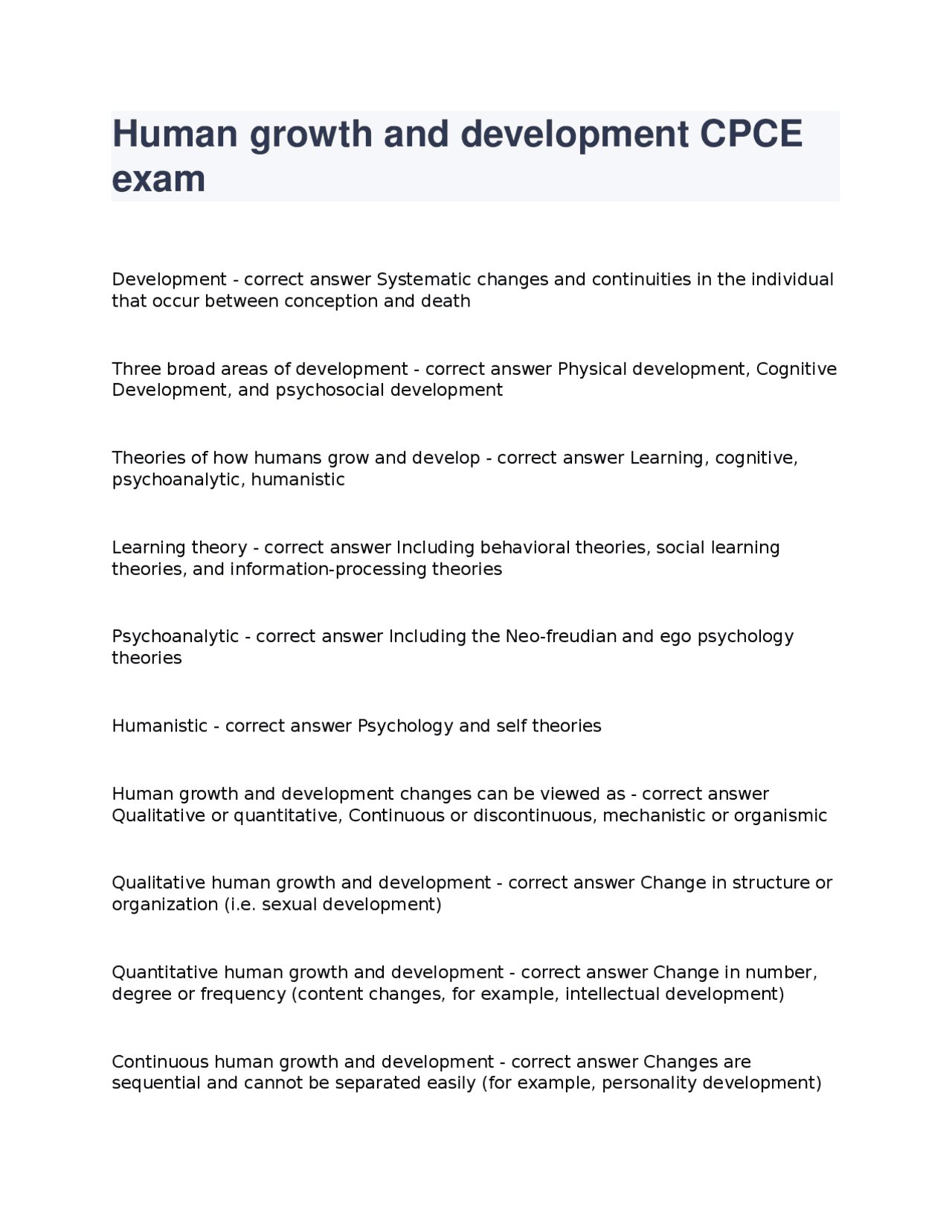 Human growth and development CPCE exam questions well answered 2025/ ...
