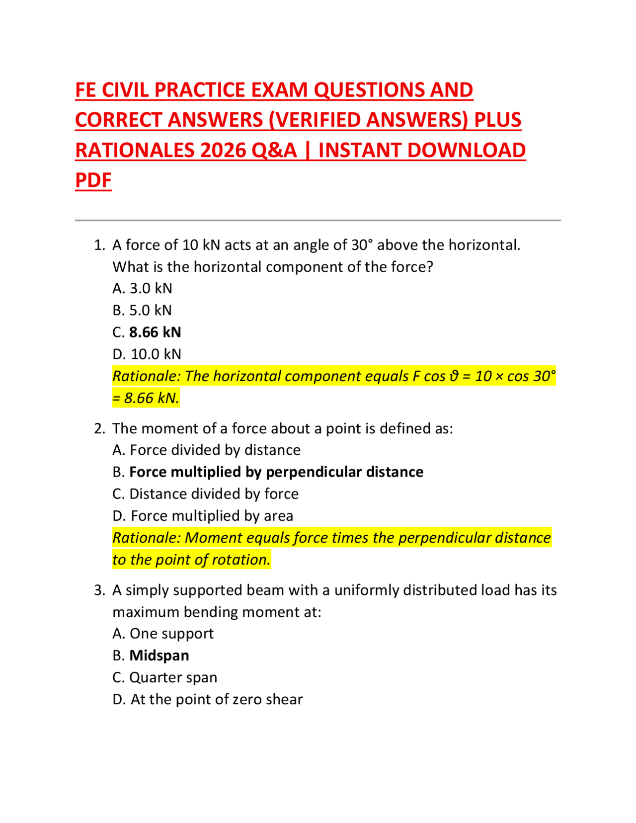 Fe Civil Math Question FE CIVIL PRACTICE EXAM QUESTIONS AND CORRECT ANSWERS (VERIFIED ANSWERS ...