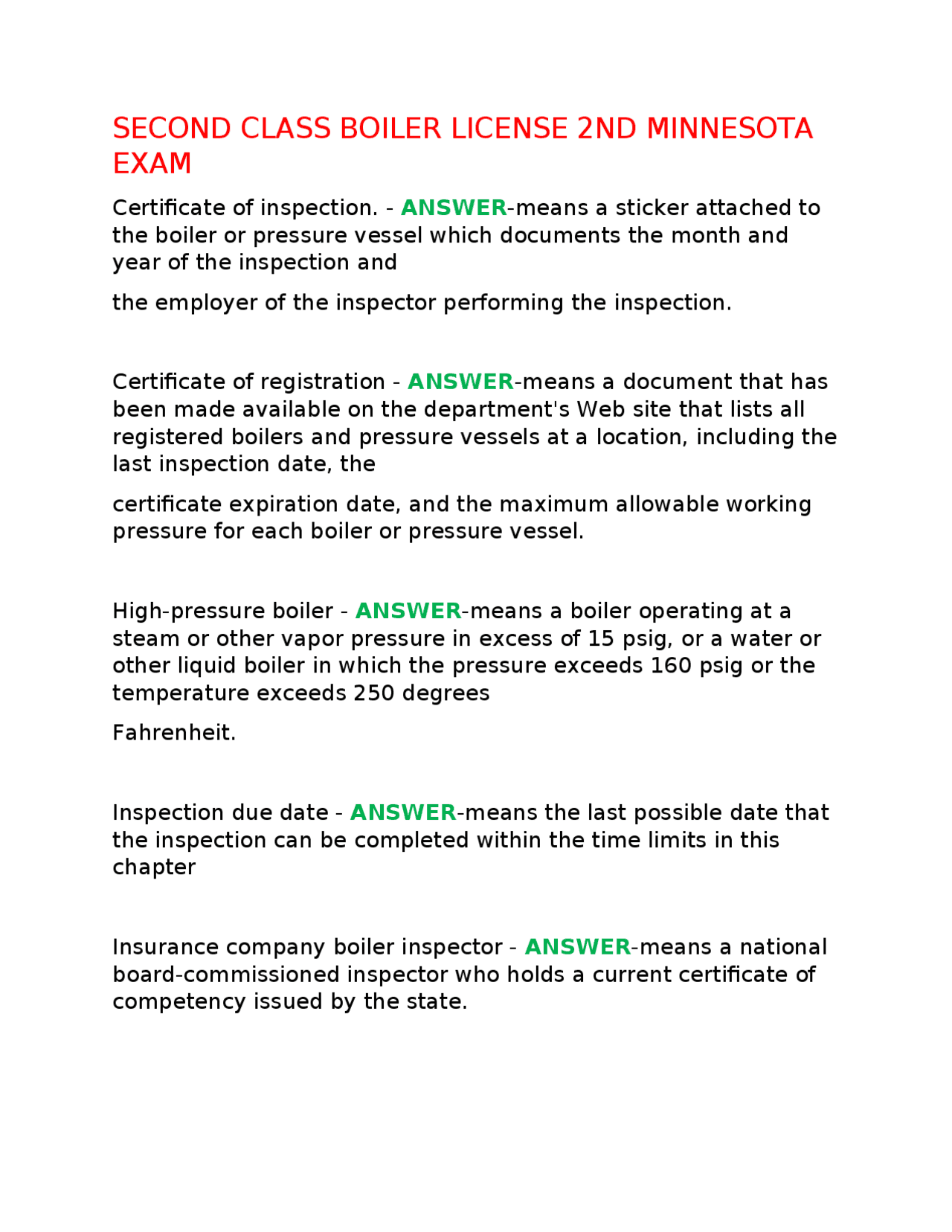 SECOND CLASS BOILER LICENSE 2ND MINNESOTA EXAM | Exams Medicine | Docsity