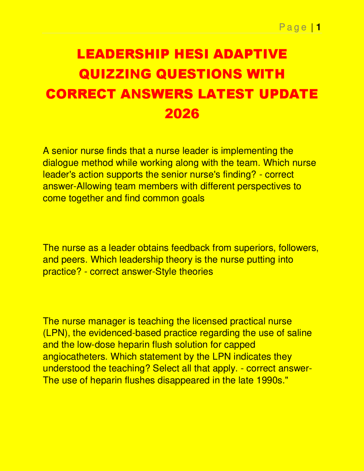 LEADERSHIP HESI ADAPTIVE QUIZZING QUESTIONS WITH CORRECT ANSWERS LATEST ...