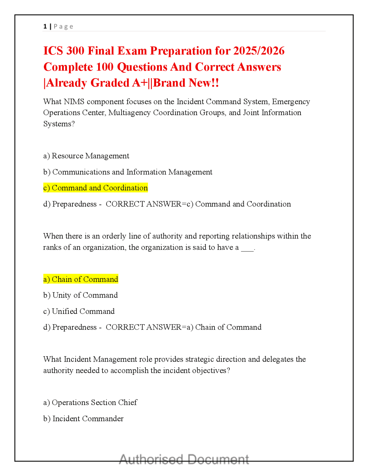 ICS 300 Intermediate Incident Command System Final Exam Preparation ...